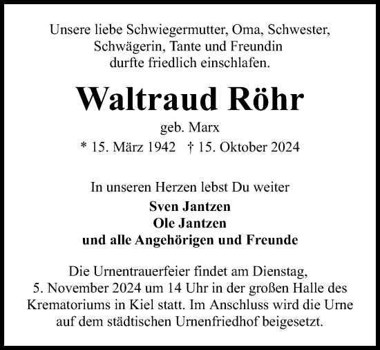 Traueranzeige von Waltraud Röhr von Kieler Nachrichten