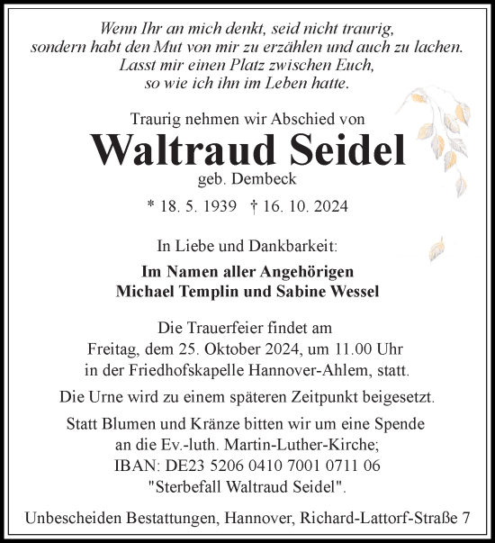 Traueranzeige von Waltraud Seidel von Hannoversche Allgemeine Zeitung/Neue Presse