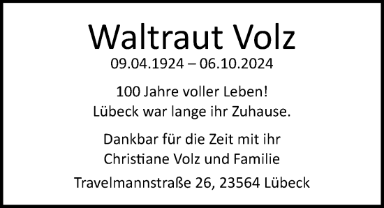 Traueranzeige von Waltraut Volz von Lübecker Nachrichten