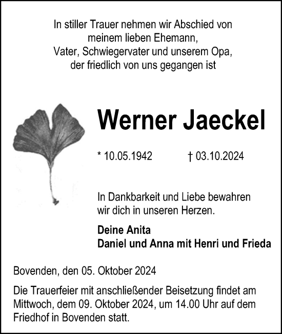 Traueranzeige von Werner Jaeckel von Göttinger Tageblatt