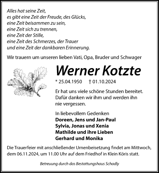 Traueranzeige von Werner Kotzte von Märkischen Allgemeine Zeitung