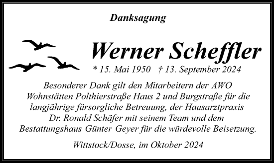 Traueranzeige von Werner Scheffler von Wochenspiegel