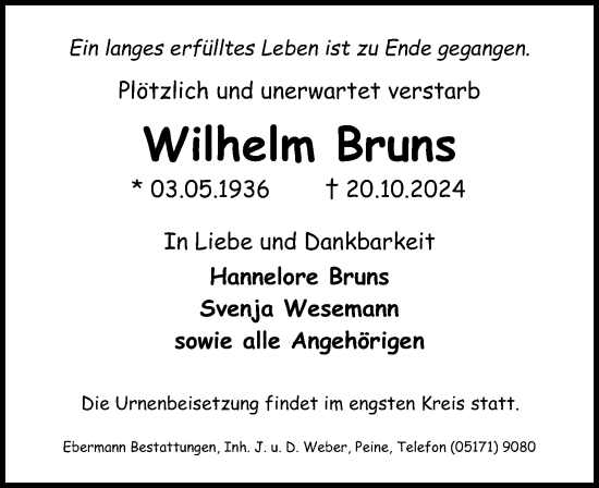 Traueranzeige von Wilhelm Bruns von Peiner Allgemeine Zeitung