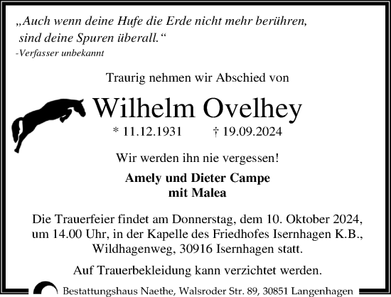 Traueranzeige von Wilhelm Ovelhey von Hannoversche Allgemeine Zeitung/Neue Presse