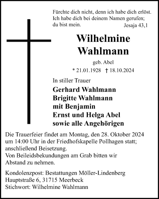 Traueranzeige von Wilhelmine Wahlmann von Schaumburger Nachrichten