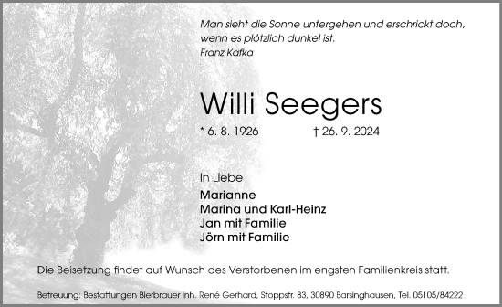 Traueranzeige von Willi Seegers von Hannoversche Allgemeine Zeitung/Neue Presse