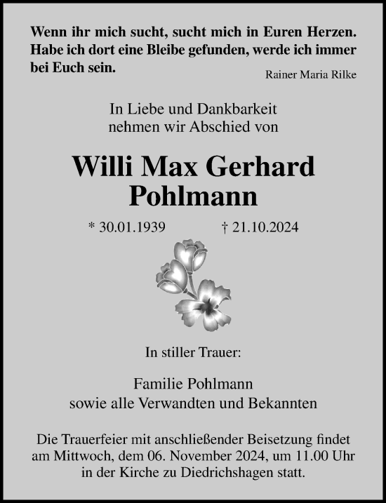 Traueranzeige von Willi Max Gerhard Pohlmann von Ostsee-Zeitung GmbH