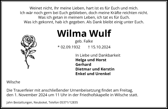 Traueranzeige von Wilma Wulf von Aller Zeitung