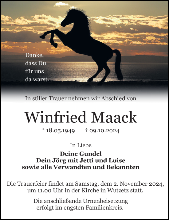 Traueranzeige von Winfried Maack von Märkischen Allgemeine Zeitung