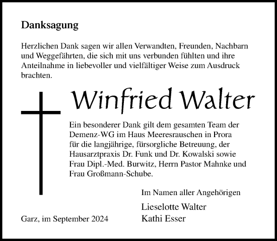 Traueranzeige von Winfried Walter von Ostsee-Zeitung GmbH