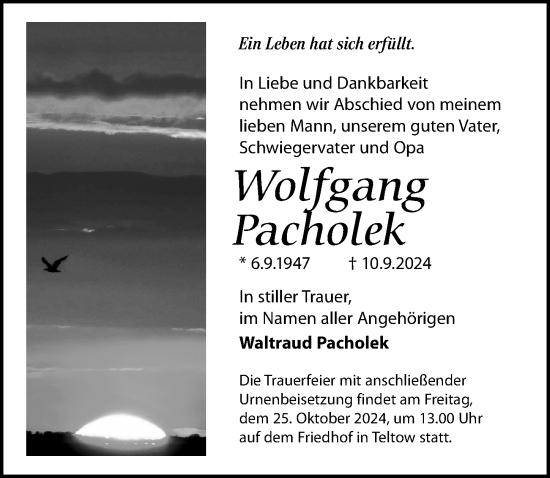 Traueranzeige von Wolfgang Pacholek von Märkischen Allgemeine Zeitung