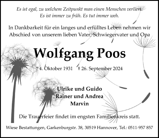 Traueranzeige von Wolfgang Poos von Hannoversche Allgemeine Zeitung/Neue Presse