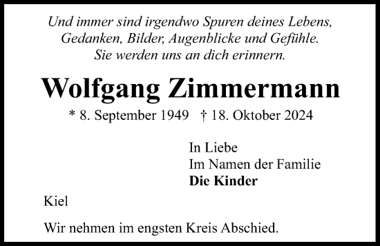 Traueranzeige von Wolfgang Zimmermann von Kieler Nachrichten