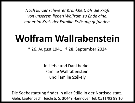 Traueranzeige von Wolfram Wallrabenstein von Hannoversche Allgemeine Zeitung/Neue Presse