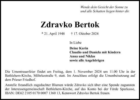 Traueranzeige von Zdravko Bertok von Kieler Nachrichten