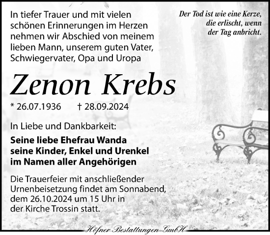 Traueranzeige von Zenon Krebs von Torgauer Zeitung