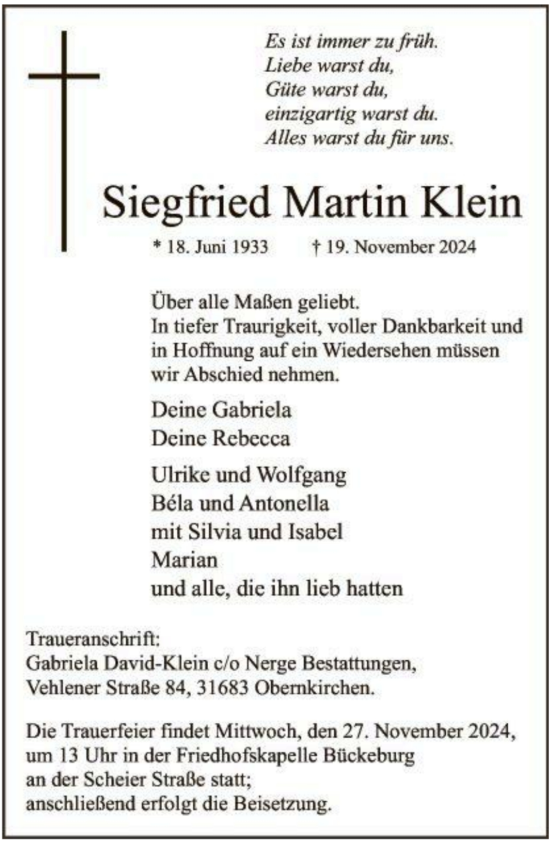 Traueranzeige von Siegfried Martin Klein von Schaumburger Nachrichten