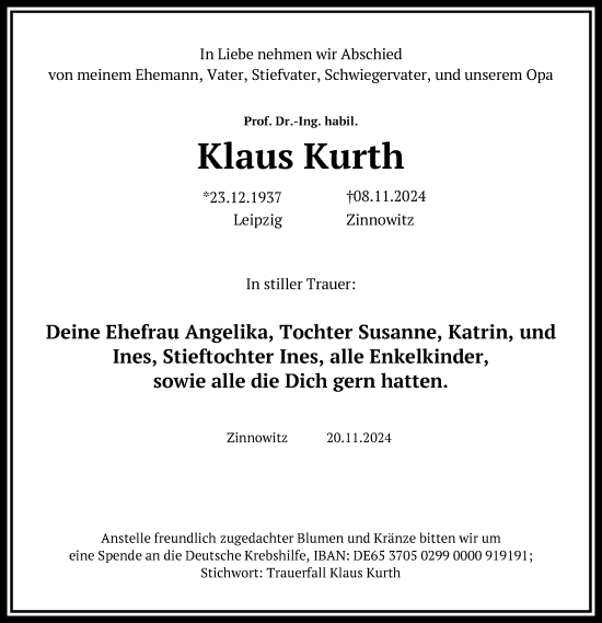 Traueranzeige von Klaus Kurth 