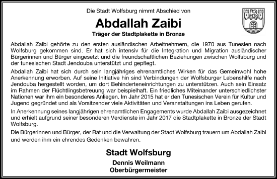 Traueranzeige von Abdallah Zaibi von Aller Zeitung