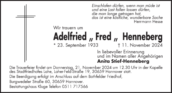 Traueranzeige von Adelfried Henneberg von Hannoversche Allgemeine Zeitung/Neue Presse