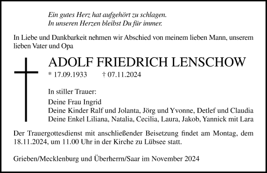 Traueranzeige von Adolf Friedrich Lenschow von Ostsee-Zeitung GmbH