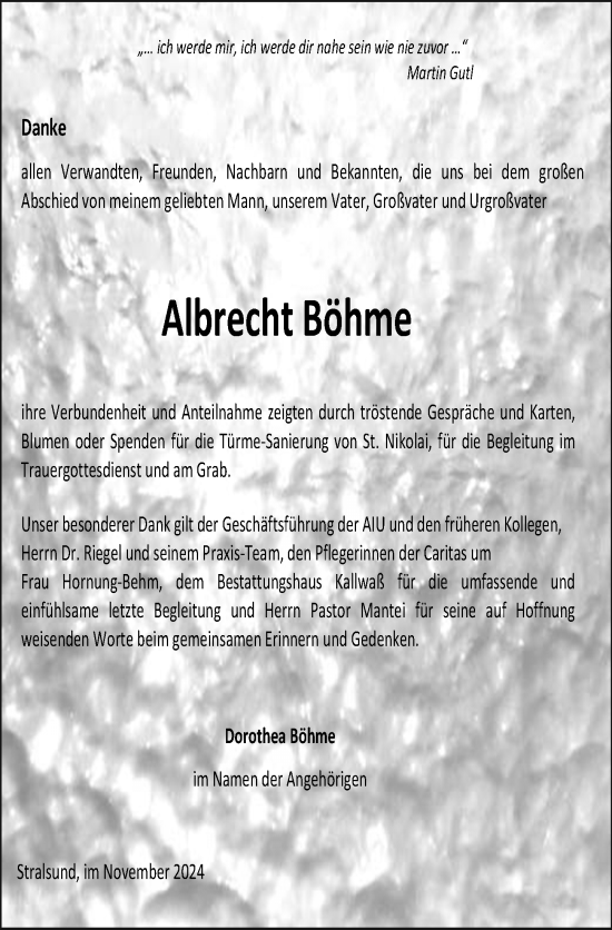 Traueranzeige von Albrecht Böhme von Ostsee-Zeitung GmbH