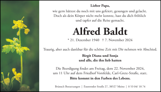 Traueranzeige von Alfred Baldt von Aller Zeitung