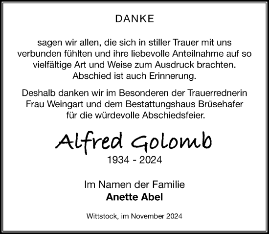 Traueranzeige von Alfred Golomb von Wochenspiegel