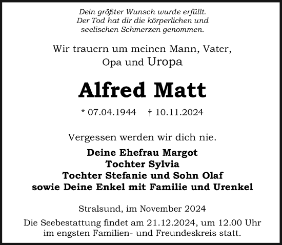 Traueranzeige von Alfred Matt von Ostsee-Zeitung GmbH