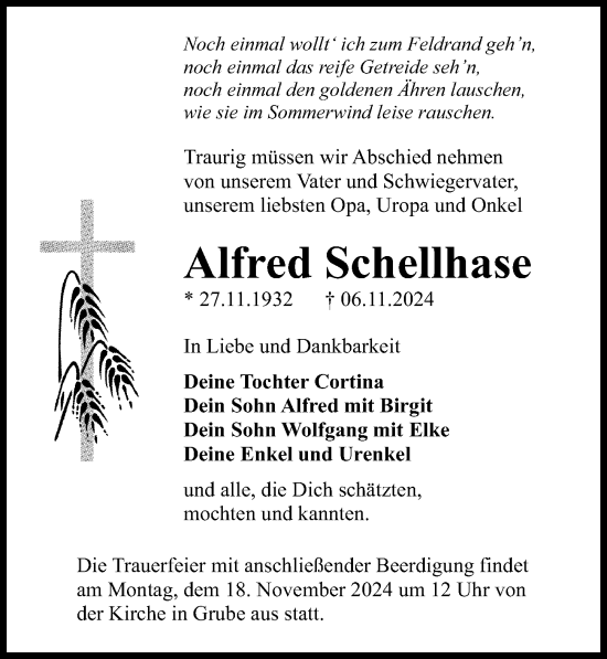 Traueranzeige von Alfred Schellhase von Märkischen Allgemeine Zeitung