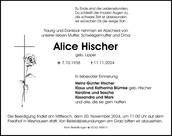 Traueranzeige von Alice Hischer von Aller Zeitung