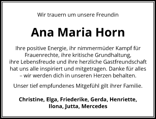 Traueranzeige von Ana Maria Horn von Aller Zeitung