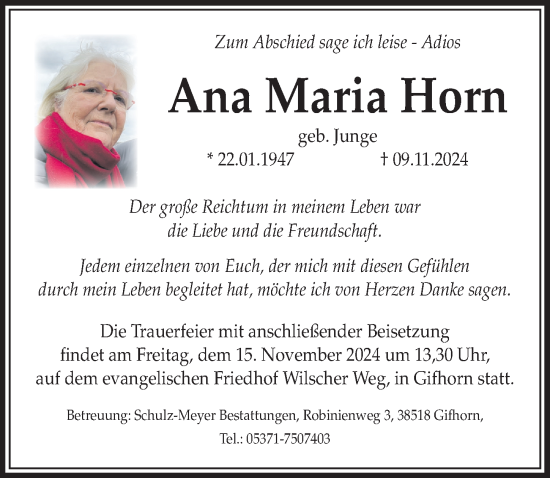 Traueranzeige von Ana Maria Horn von Aller Zeitung