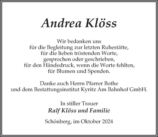 Traueranzeige von Andrea Klöss von Wochenspiegel