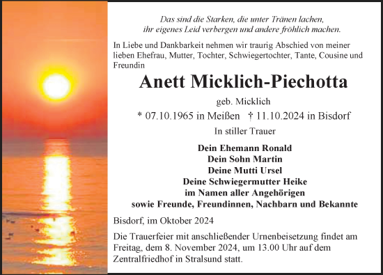 Traueranzeige von Anett Micklich-Piechotta von Ostsee-Zeitung GmbH