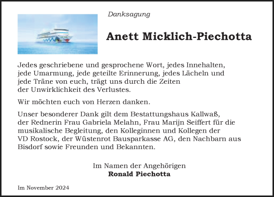 Traueranzeige von Anett Micklich-Piechotta von Ostsee-Zeitung GmbH