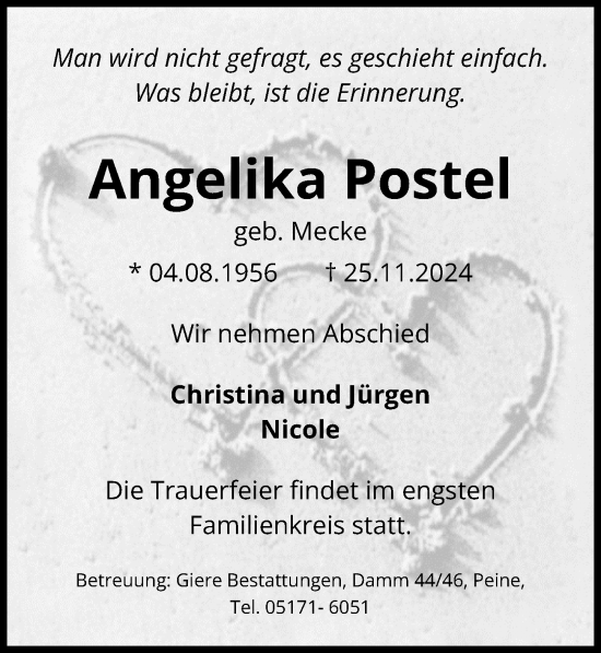 Traueranzeige von Angelika Postel von Peiner Allgemeine Zeitung