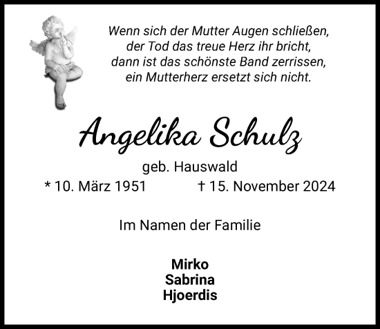 Traueranzeige von Angelika Schulz von Kieler Nachrichten