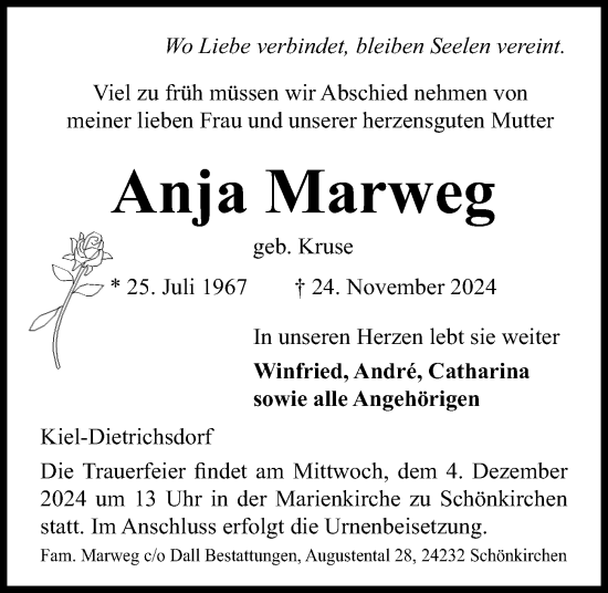 Traueranzeige von Anja Marweg von Kieler Nachrichten