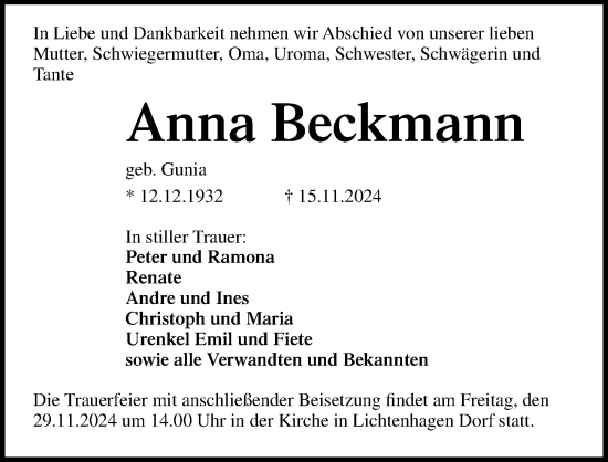 Traueranzeige von Anna Beckmann von Ostsee-Zeitung GmbH