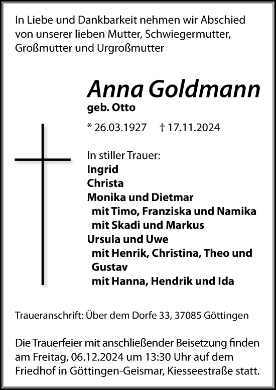 Traueranzeige von Anna Goldmann von Göttinger Tageblatt