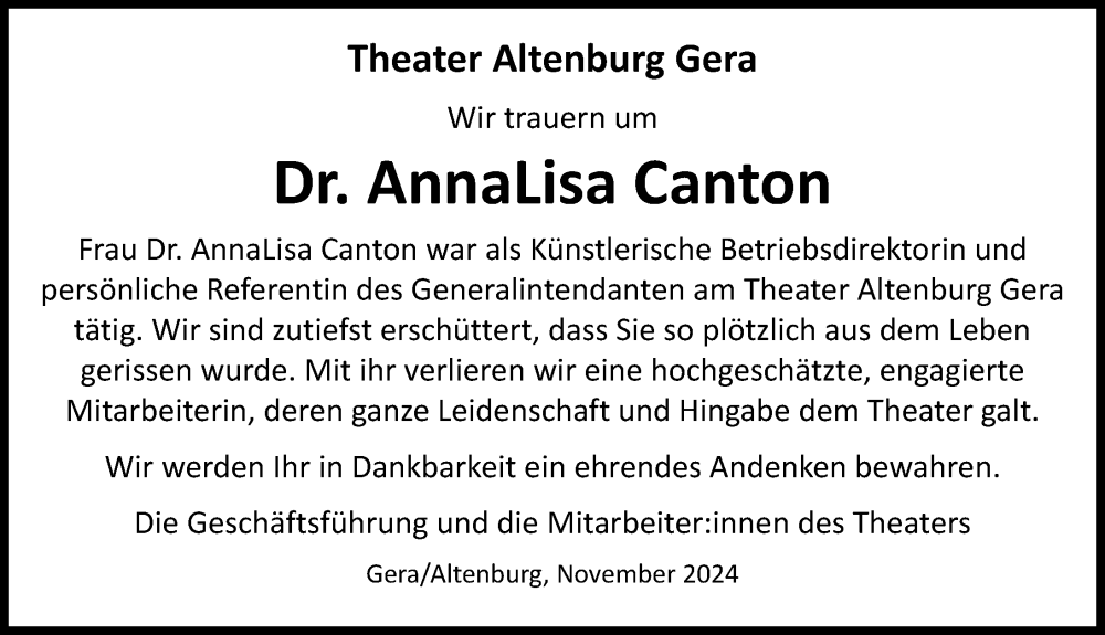  Traueranzeige für AnnaLisa Canton vom 09.11.2024 aus Leipziger Volkszeitung