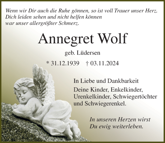 Traueranzeige von Annegret Wolf von Lübecker Nachrichten