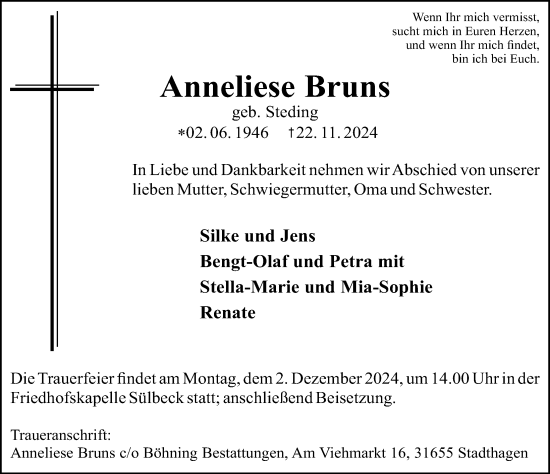 Traueranzeige von Anneliese Bruns von Schaumburger Nachrichten