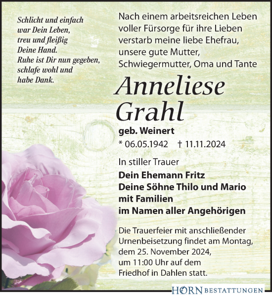 Traueranzeige von Anneliese Grahl von Leipziger Volkszeitung