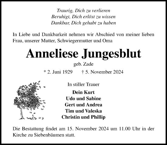 Traueranzeige von Anneliese Jungesblut von Lübecker Nachrichten