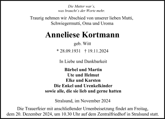 Traueranzeige von Anneliese Kortmann von Ostsee-Zeitung GmbH