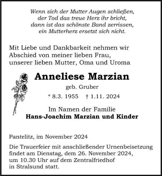 Traueranzeige von Anneliese Marzian von Ostsee-Zeitung GmbH