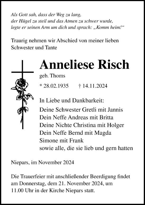 Traueranzeige von Anneliese Risch von Ostsee-Zeitung GmbH