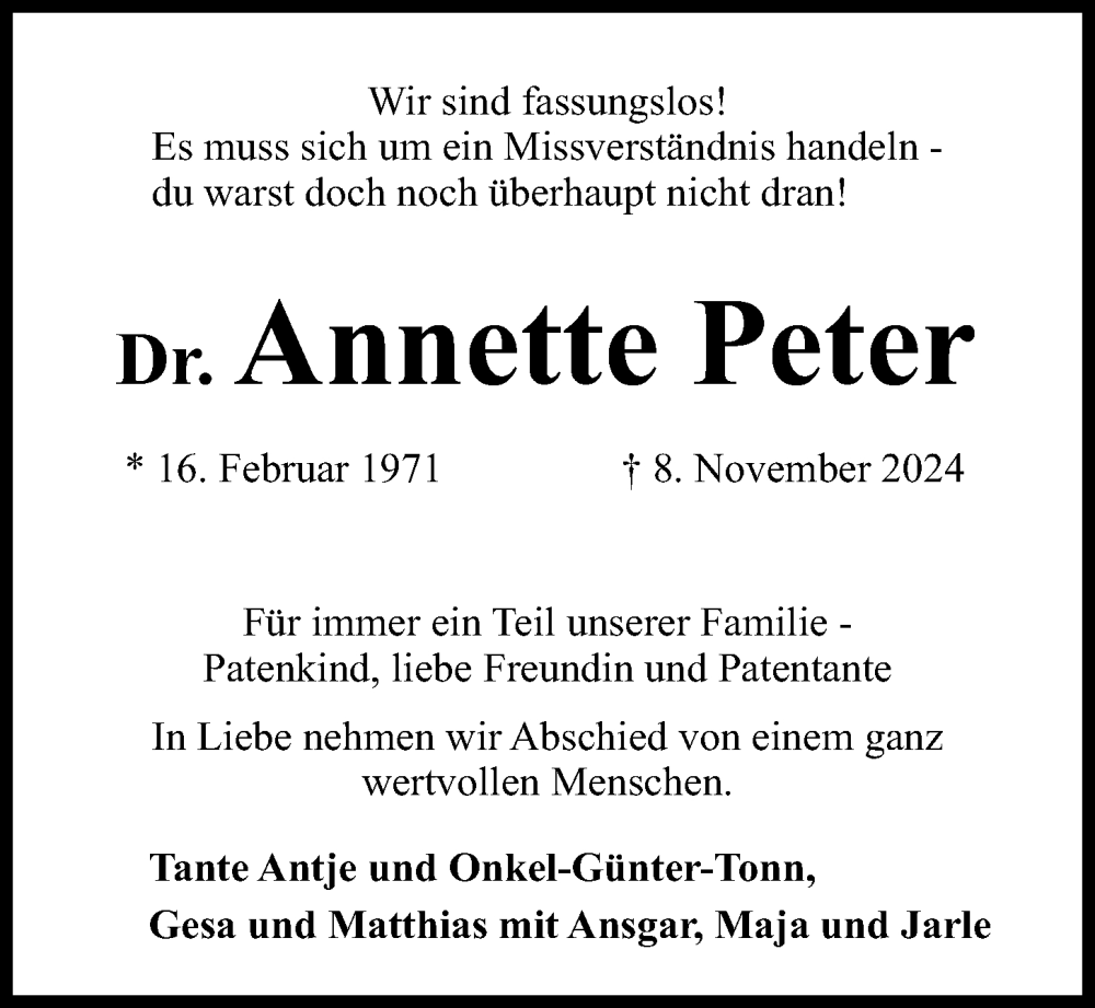  Traueranzeige für Annette Peter vom 23.11.2024 aus Kieler Nachrichten